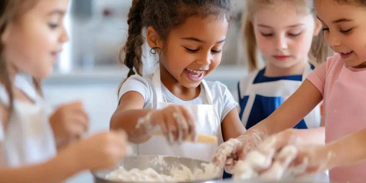 Des enfants joyeux préparent une recette dans des tabliers, les mains couvertes de farine.