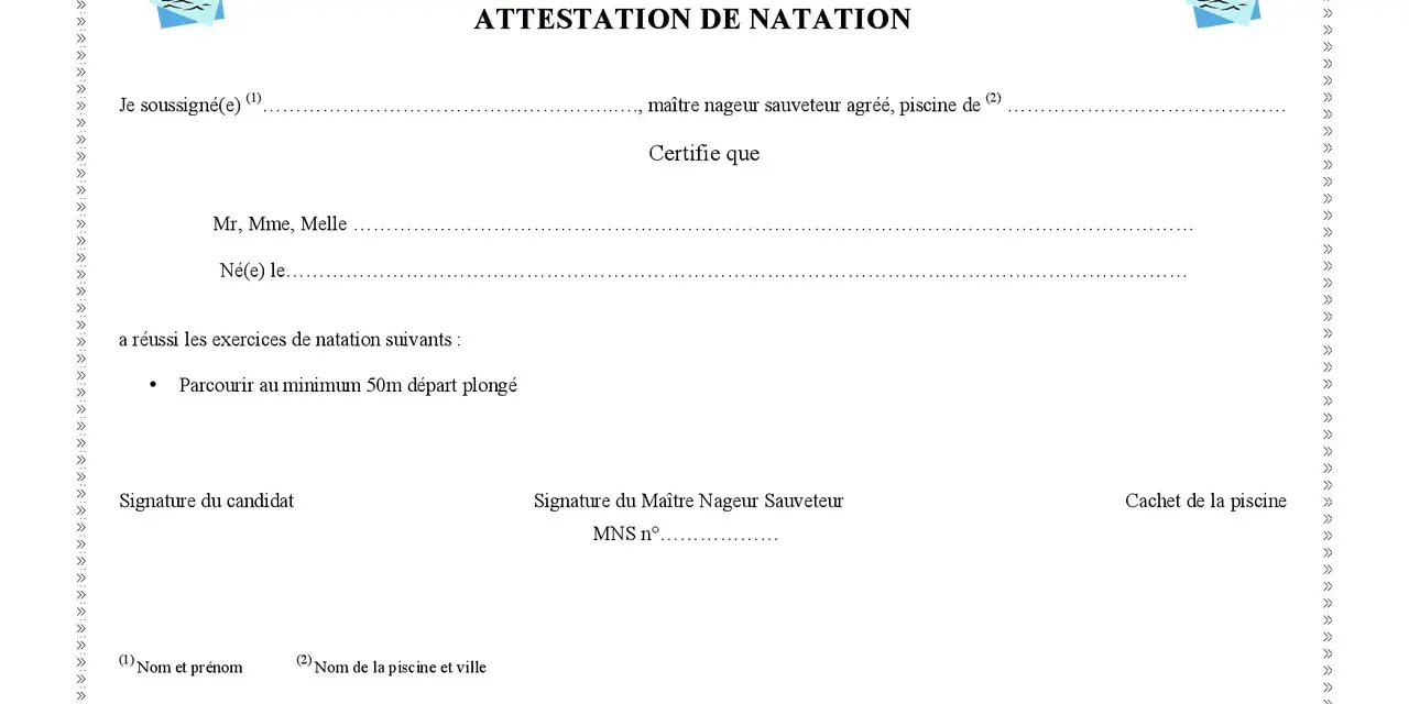 Attestation de natation avec logo, champ pour nom, date de naissance et exercice réussi.