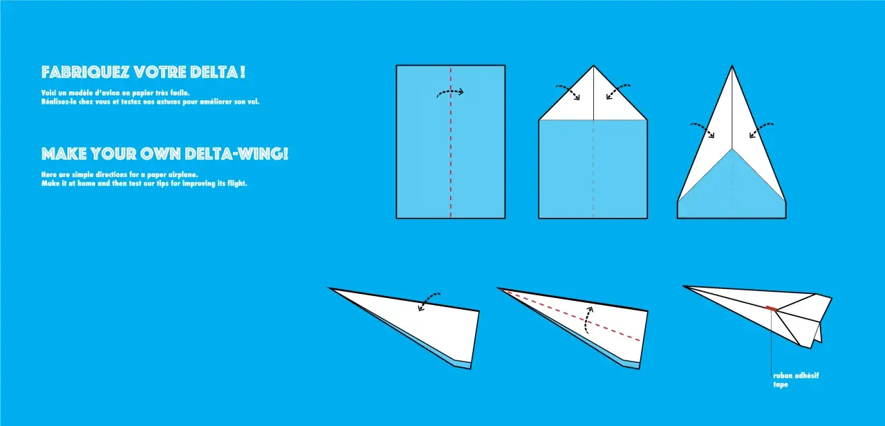 Illustration montrant les étapes de pliage d'un avion en papier, avec un avion terminé.