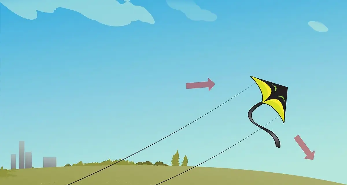 Un cerf-volant jaune et noir s'envole dans un ciel bleu. Une activité manuelle pour s'amuser dehors.