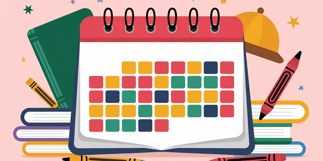 Un calendrier scolaire coloré avec des livres, des crayons et un chapeau.