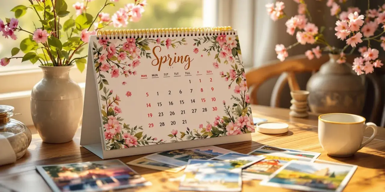 Calendrier de printemps décoré de fleurs roses, avec des photos et une tasse de café.