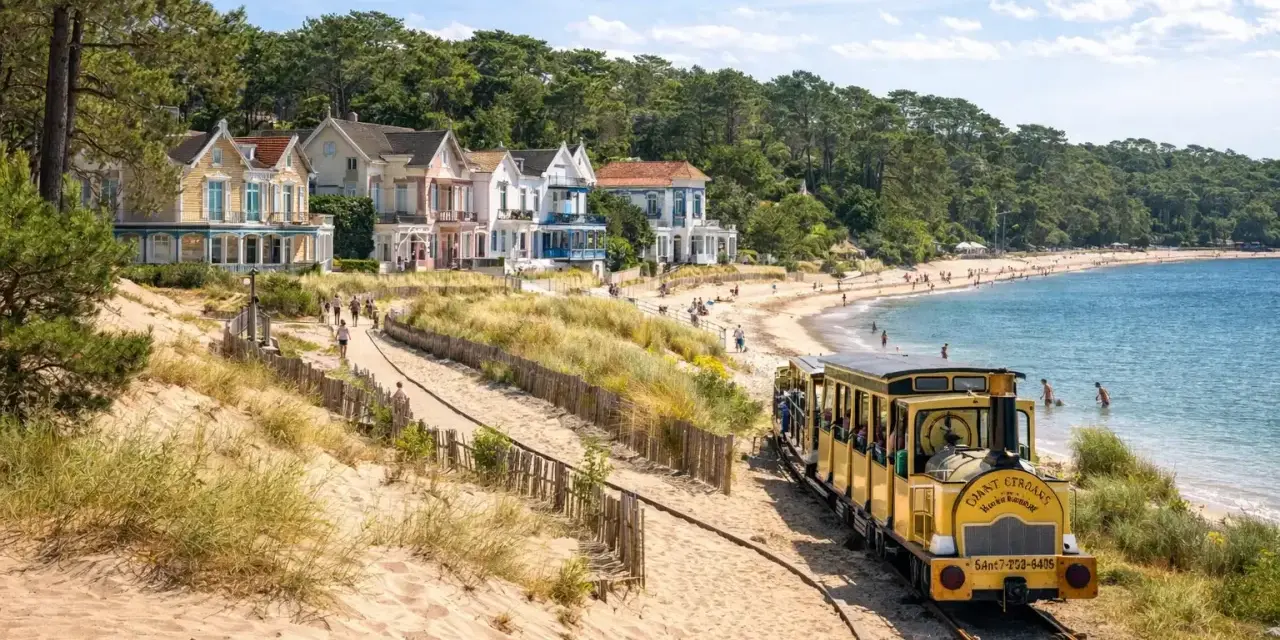 Petit train jaune longeant une plage de sable bordée de maisons colorées et d'une forêt.