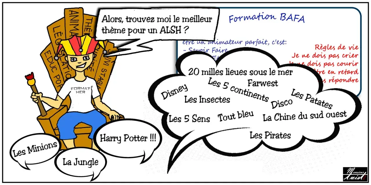 Dessin d'un animateur sur un trône, entouré de bulles de thèmes pour ALSH et de règles de vie.