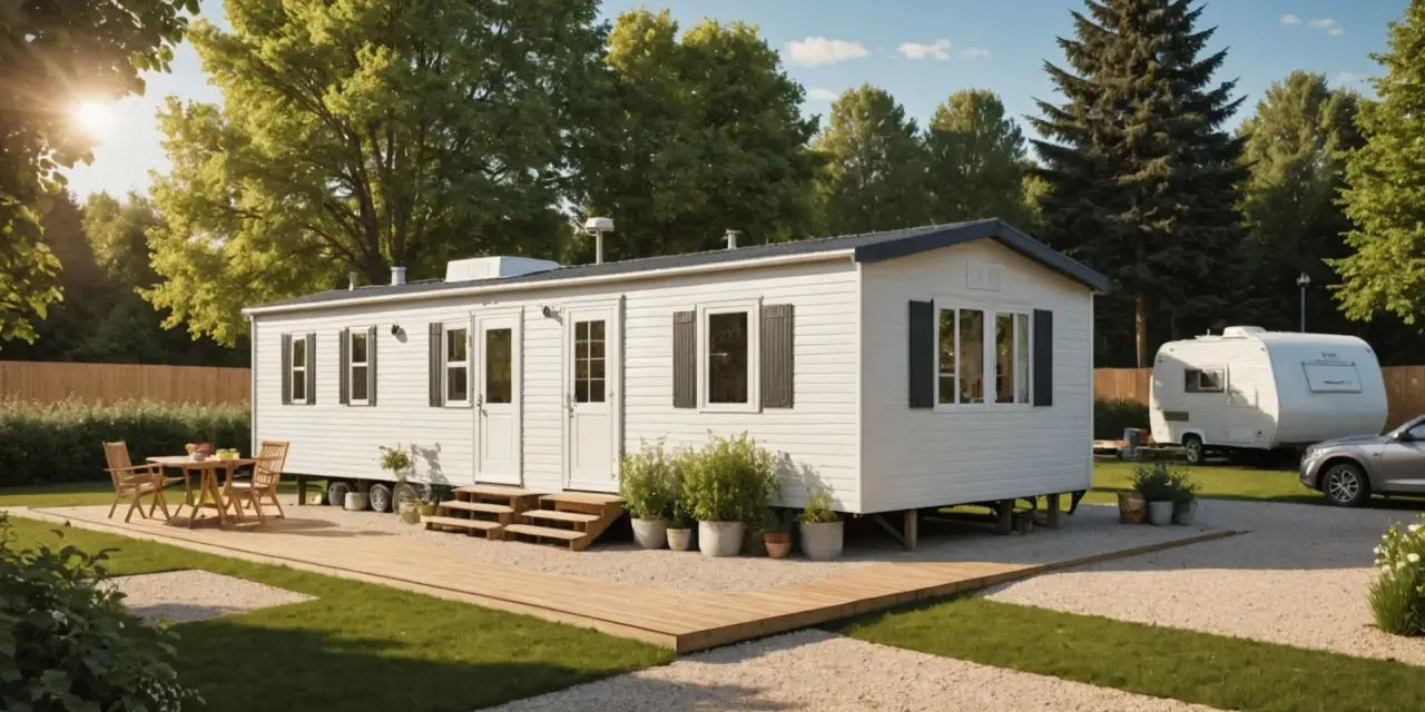 Maison mobile blanche avec terrasse en bois, table et chaises, dans un camping verdoyant.
