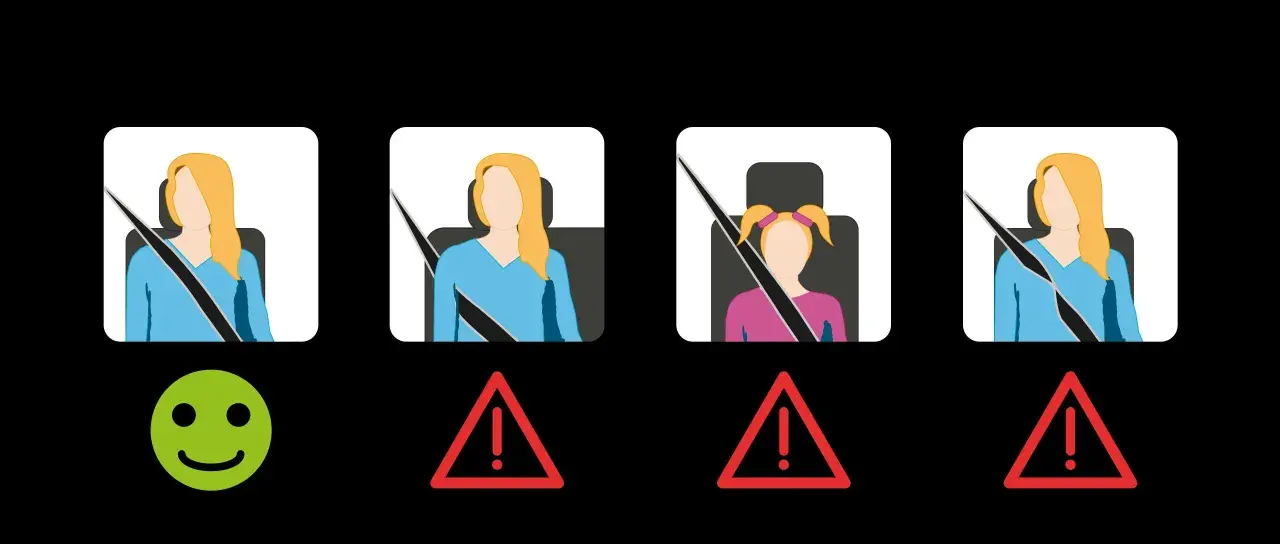 Illustration de personnes en voiture avec ceintures de sécurité : une femme bien attachée (sourire vert), une enfant mal attachée et deux femmes mal attachées (triangles rouges).
