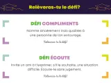Une idée de projet d'animation : des défis pour cultiver les compliments et l'écoute active, avec des visuels ludiques et des éléments à découper.