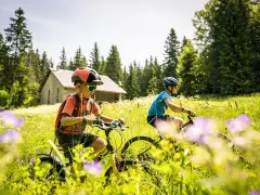 Deux enfants font du vélo dans un champ fleuri, une maisonnette en arrière-plan. Une belle journée pour une colonie de vacances Rhône Alpes.