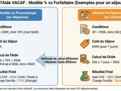 Comparaison des aides VACAF : modèle au pourcentage vs forfaitaire pour un **budget voyage** de 649€. Calculs et résultats pour deux départements.
