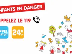 Enfants en danger : appelez le 119, numéro gratuit 24h/24. Un dessin coloré de scènes enfantines pour le signalement aux services sociaux.