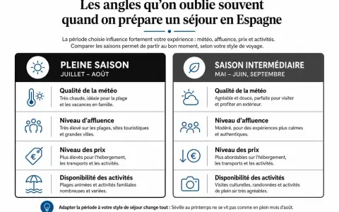 Tableau comparant la pleine saison (juillet-août) et la saison intermédiaire (mai-septembre) pour des vacances scolaires en Espagne, avec météo, affluence, prix et activités.