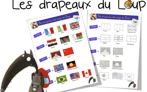 Un loup avec un sac à dos regarde des feuilles avec des drapeaux de pays et des versions à colorier.