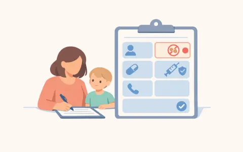 Une femme et un enfant remplissent un formulaire médical avec des icônes de santé.