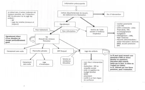 Ce schéma illustre la différence entre signalement et information préoccupante, montrant le parcours d'une information jusqu'à une action de protection.