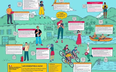 Illustration d'une colonie de vacances avec des enfants faisant du vélo, du canoë et des animateurs.