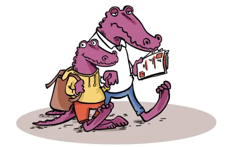 Deux crocodiles, un parent et un enfant, marchent ensemble. L'enfant porte un sac à dos, le parent lit un document, peut-être un certificat d'aptitude à la vie en collectivité modèle.