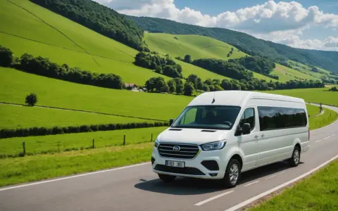 Minibus blanc sur une route de campagne verdoyante, avec des collines en arrière-plan.