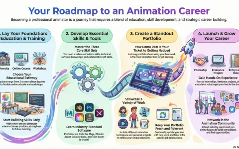 Infographie illustrant les 4 étapes pour une carrière en animation : formation, compétences, portfolio et lancement.