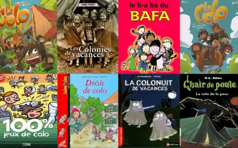 Bandes dessinées et livres pour enfants sur le thème des colonies de vacances, avec des illustrations variées allant de l'humour à l'effroi.