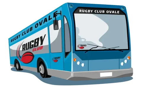 Bus bleu du Rugby Club Ovale, prêt pour le transport des joueurs. Autorisation de transport club sportif validée !