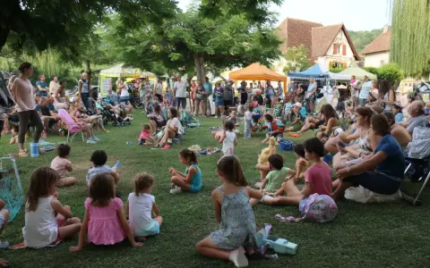 Une foule joyeuse, petits et grands, profite d'une fête de village. Une belle idée animation fête de village, avec des stands et des gens assis sur l'herbe.