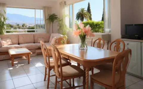Un salon lumineux avec canapé, table à manger et vue sur les montagnes. Idéal pour imaginer comment partir en famille d'accueil.