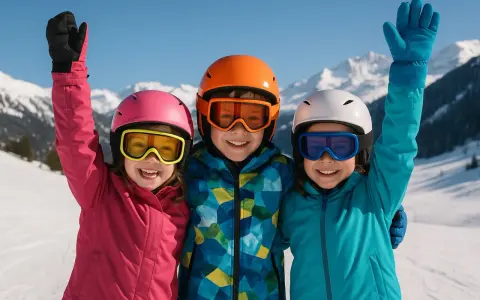 Trois enfants souriants, équipés pour le ski, célèbrent leurs vacances scolaires en Autriche. Leurs casques et lunettes colorés brillent sous le soleil.