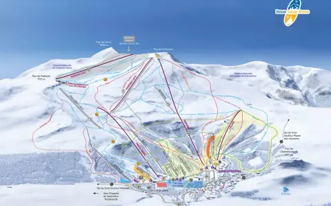 Carte des pistes de ski de Super Besse. Idéal pour savoir que faire à Super Besse sans neige : ski de fond, patinoire, centre ludo-sportif.