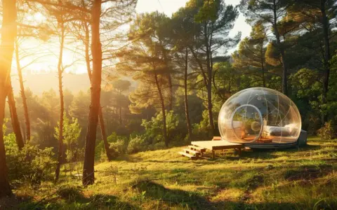 Cabane bulle transparente dans une forêt ensoleillée.