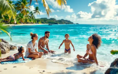 Famille profitant d'un voyage mer paradisiaque, rires et soleil sur une plage tropicale aux eaux turquoise.
