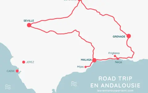 Carte d'un road trip en Andalousie avec les villes de Séville, Cordoue, Grenade, Malaga et Cadix.