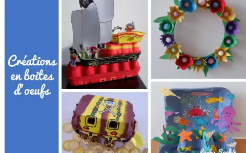 Collage de créations pour enfants en boîtes d'œufs : bateau pirate, couronne de fleurs, coffre au trésor et monde marin.