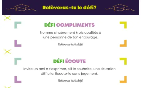 Une idée de projet d'animation : des défis pour cultiver les compliments et l'écoute active, avec des visuels ludiques et des éléments à découper.