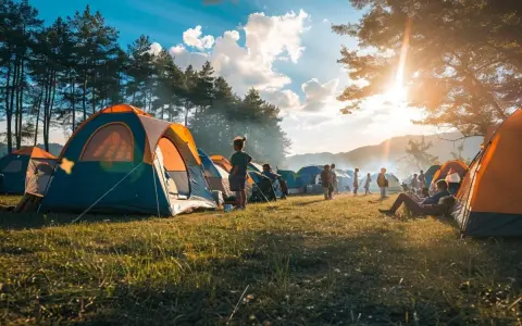 Un campement de tentes colorées sous un ciel bleu éclatant. Des enfants jouent et des adultes se détendent, profitant d'un moment de camping mineur paisible.