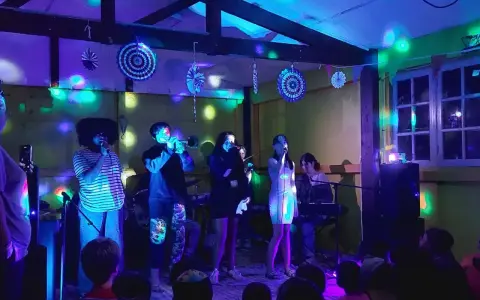 Scène de concert animée avec des lumières colorées. Un groupe joue, avec des chanteurs, un trompettiste et un claviériste. Le public, dont des enfants, filme le spectacle. Ces vacances musicales sans frontières sont une fête pour les sens.