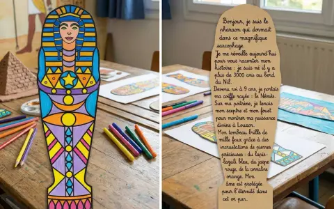 Sarcophage égyptien coloré et texte sur papyrus, sur une table avec des feutres.
