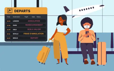 Attente à l'aéroport pour un remboursement de voyage scolaire suite à une maladie. L'avion est visible.