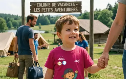 Un enfant souriant tient la main d'un adulte, devant une colonie de vacances. Sa définition de "pai" est claire : des vacances sans souci pour les allergies alimentaires.