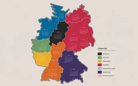 Carte de l'Allemagne divisée par régions colorées, avec des dates et une légende.