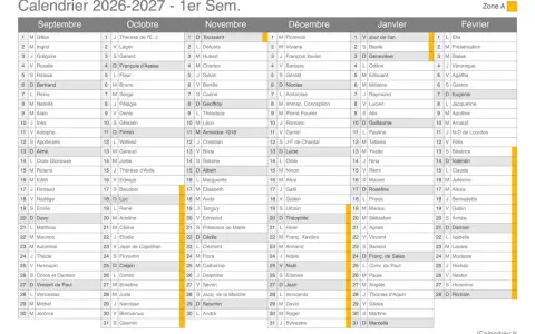 Calendrier 2026-2027 avec les mois de Septembre à Février et des noms.