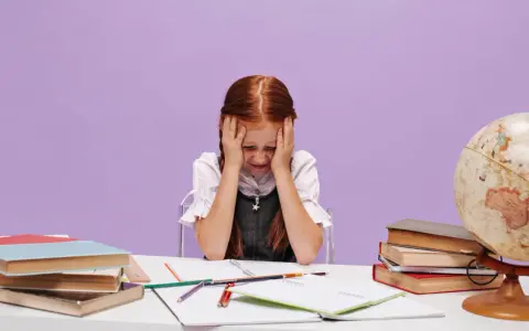 Une petite fille rousse, les mains sur la tête, semble dépassée par ses devoirs. La scène évoque les défis de la réglementation du dortoir maternelle.