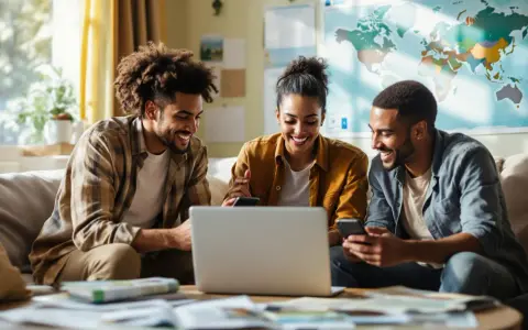 Trois jeunes adultes souriants regardent un ordinateur portable sur un canapé, une carte du monde au mur.