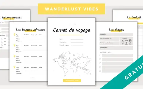 Ensemble de fiches pour une fiche organisation voyage : hébergements, bonnes adresses, carnet de voyage, étapes et budget.