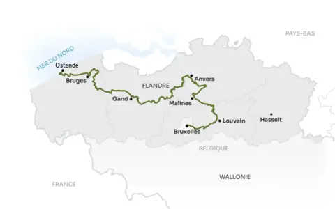 Carte de la Flandre avec un itinéraire vert reliant Ostende, Bruges, Gand, Malines, Anvers, Bruxelles, Louvain et Hasselt.