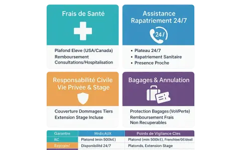 Tableau récapitulatif des garanties d'assurance voyage scolaire : frais de santé, rapatriement, responsabilité civile, bagages et annulation.