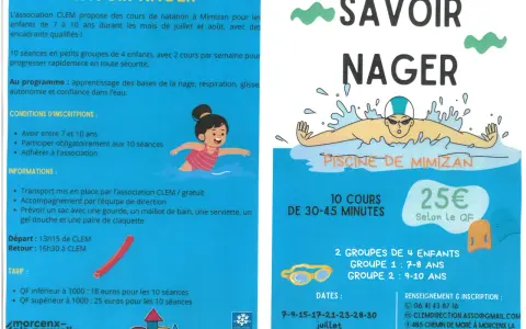Affiche pour des cours de natation "Savoir Nager" pour enfants de 7 à 10 ans à Mimizan. Le programme inclut un diplôme de natation scolaire.