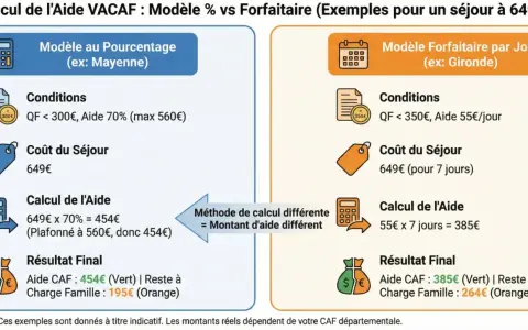 Comparaison des aides VACAF : modèle au pourcentage vs forfaitaire pour un **budget voyage** de 649€. Calculs et résultats pour deux départements.