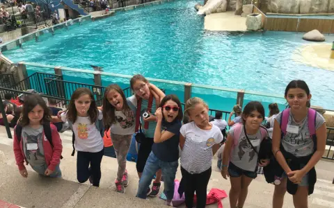 Des enfants en colonie de vacances en Île-de-France s'amusent devant un bassin de spectacle aquatique, faisant des grimaces.