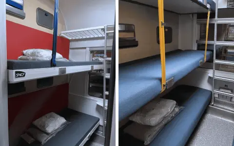 Compartiments couchettes SNCF, lits superposés. Le car couchette interdit en France pour des raisons de sécurité.