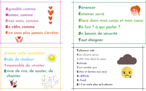 Acrostiche le jeu : quatre poèmes sur les émotions, de la joie à la tristesse, avec des illustrations.